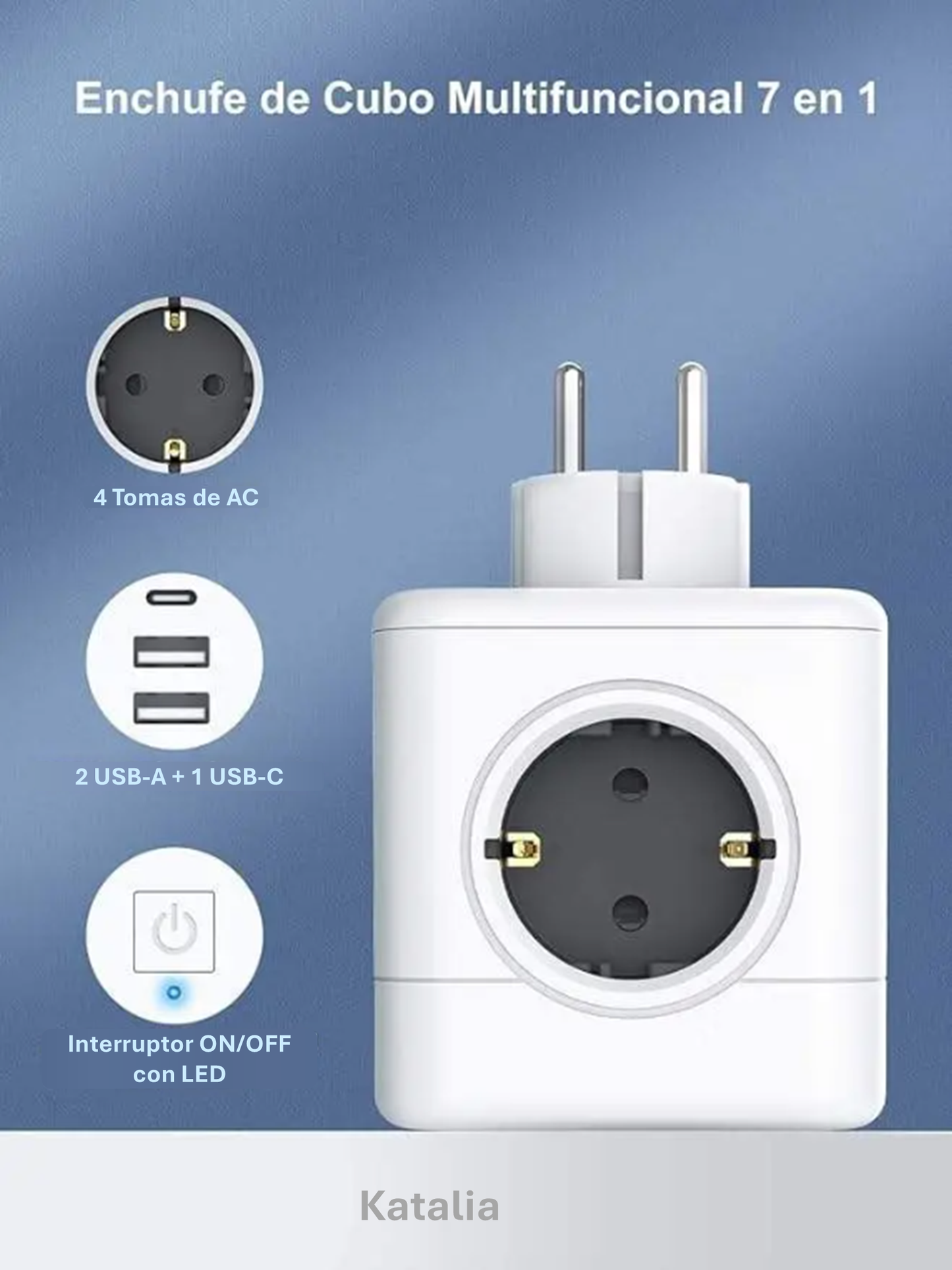 Katalia Cubo Enchufe Múltiple 7‑en‑1 – 4 Tomas CA, 2 USB‑A, 1 USB‑C, Interruptor LED (3680 W) Regleta Enchufe
