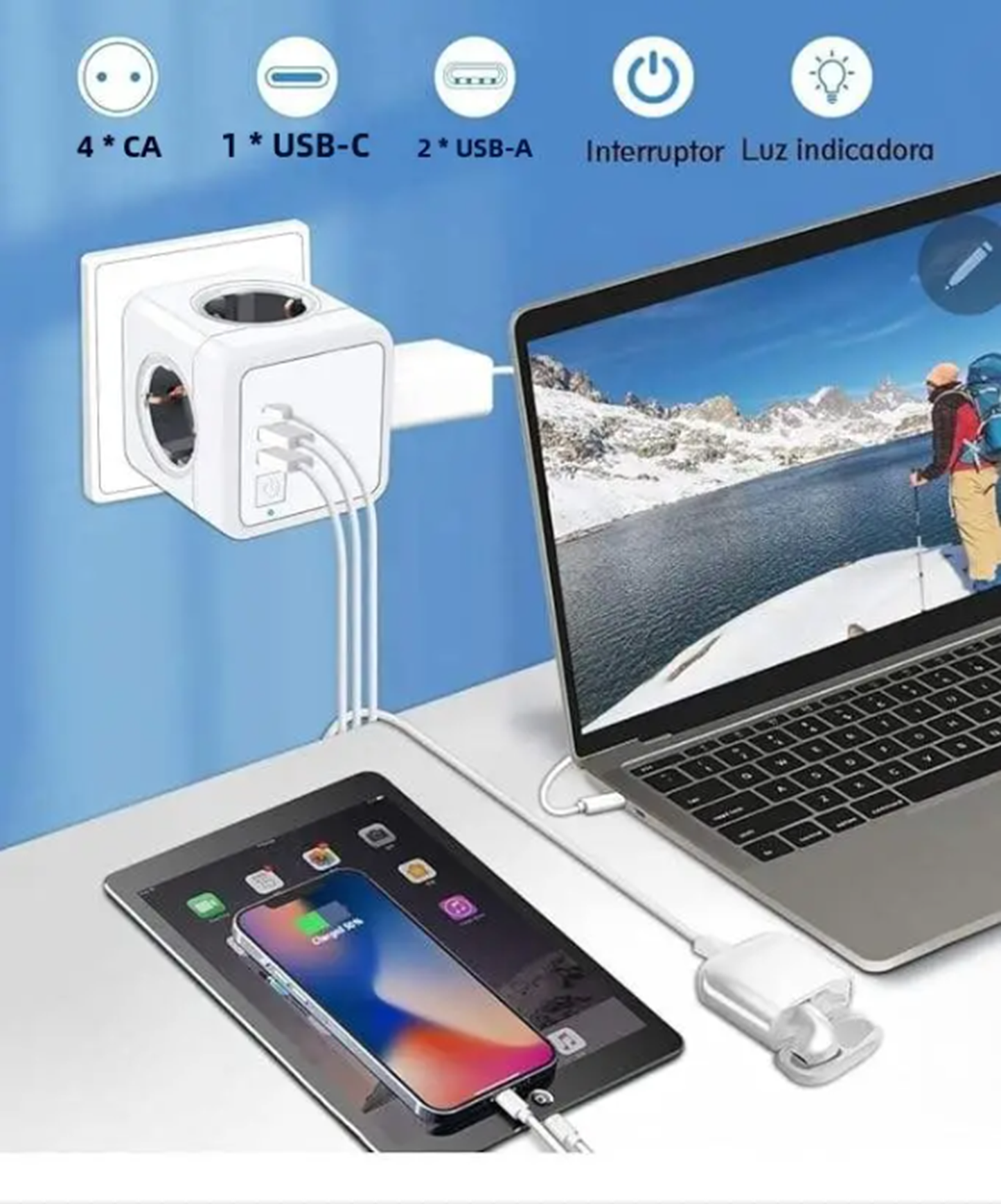 Katalia Cubo Enchufe Múltiple 7‑en‑1 – 4 Tomas CA, 2 USB‑A, 1 USB‑C, Interruptor LED (3680 W) Regleta Enchufe