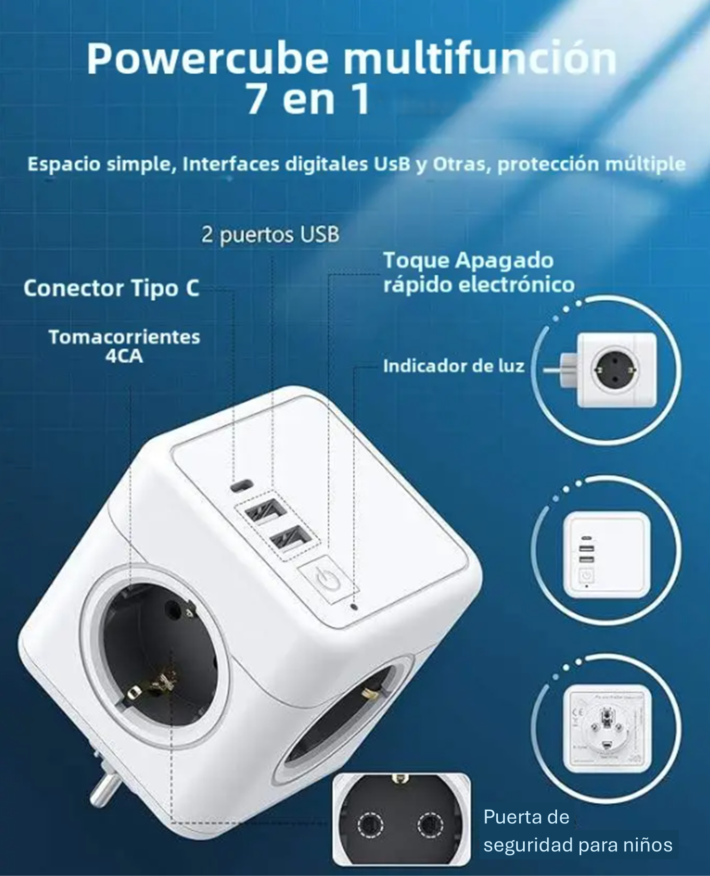 Katalia Cubo Enchufe Múltiple 7‑en‑1 – 4 Tomas CA, 2 USB‑A, 1 USB‑C, Interruptor LED (3680 W) Regleta Enchufe