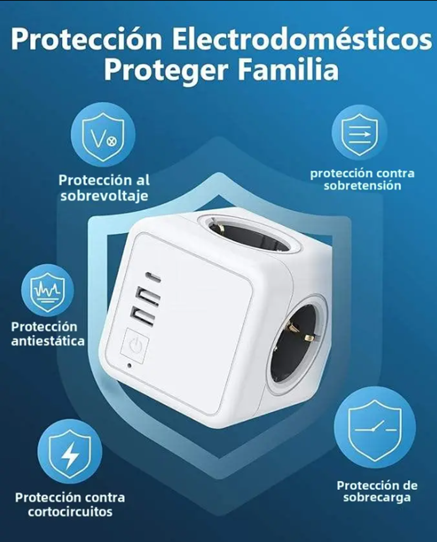 Katalia Cubo Enchufe Múltiple 7‑en‑1 – 4 Tomas CA, 2 USB‑A, 1 USB‑C, Interruptor LED (3680 W) Regleta Enchufe