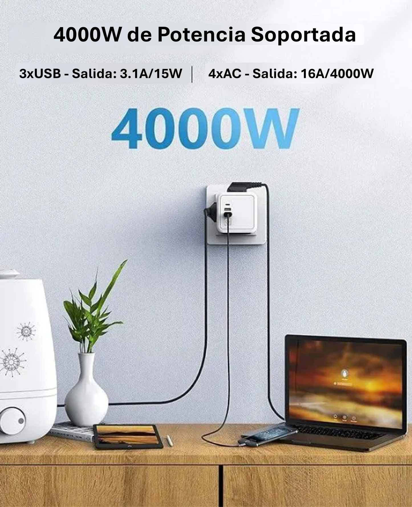 Katalia Cubo Enchufe Múltiple 7‑en‑1 – 4 Tomas CA, 2 USB‑A, 1 USB‑C, Interruptor LED (3680 W) Regleta Enchufe