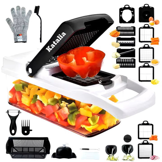 Katalia Mandolina de Cocina 26 Piezas – Cortador y Picadora Manual, Acero Inox, BPA‑Free (Blanco)