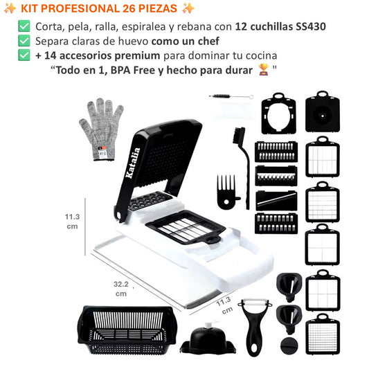 Katalia Mandolina de Cocina 26 Piezas – Cortador y Picadora Manual, Acero Inox, BPA‑Free (Blanco)