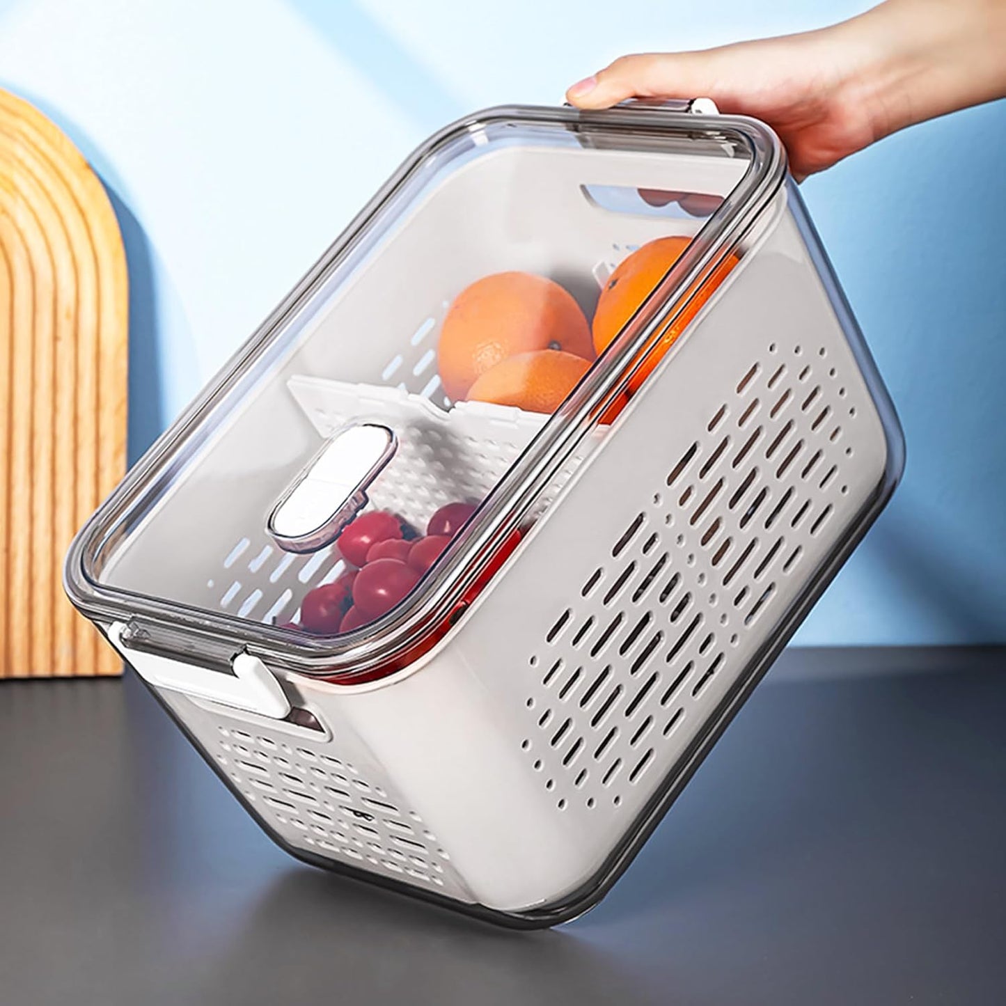 Katalia Organizador de Nevera con Escurridor y Tapa – BPA‑Free, Transparente, 28.5×18×15.5 cm