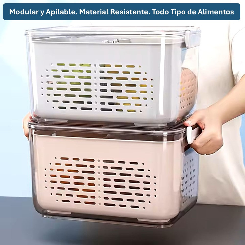 Katalia Organizador de Nevera con Escurridor y Tapa – BPA‑Free, Transparente, 28.5×18×15.5 cm