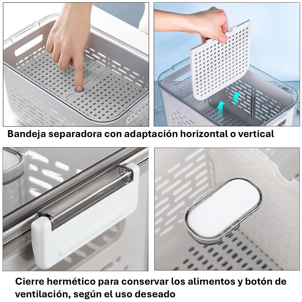 Katalia Organizador de Nevera con Escurridor y Tapa – BPA‑Free, Transparente, 28.5×18×15.5 cm
