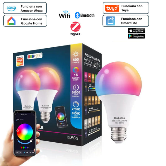 Katalia Bombilla Inteligente E27 9 W RGB WiFi – Pack 2, Control App y Voz, Alexa/Google, Tuya/Smart Life