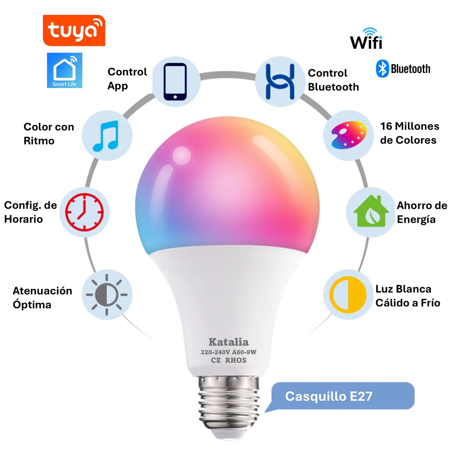 Katalia Bombilla Inteligente E27 9 W RGB WiFi – Pack 2, Control App y Voz, Alexa/Google, Tuya/Smart Life
