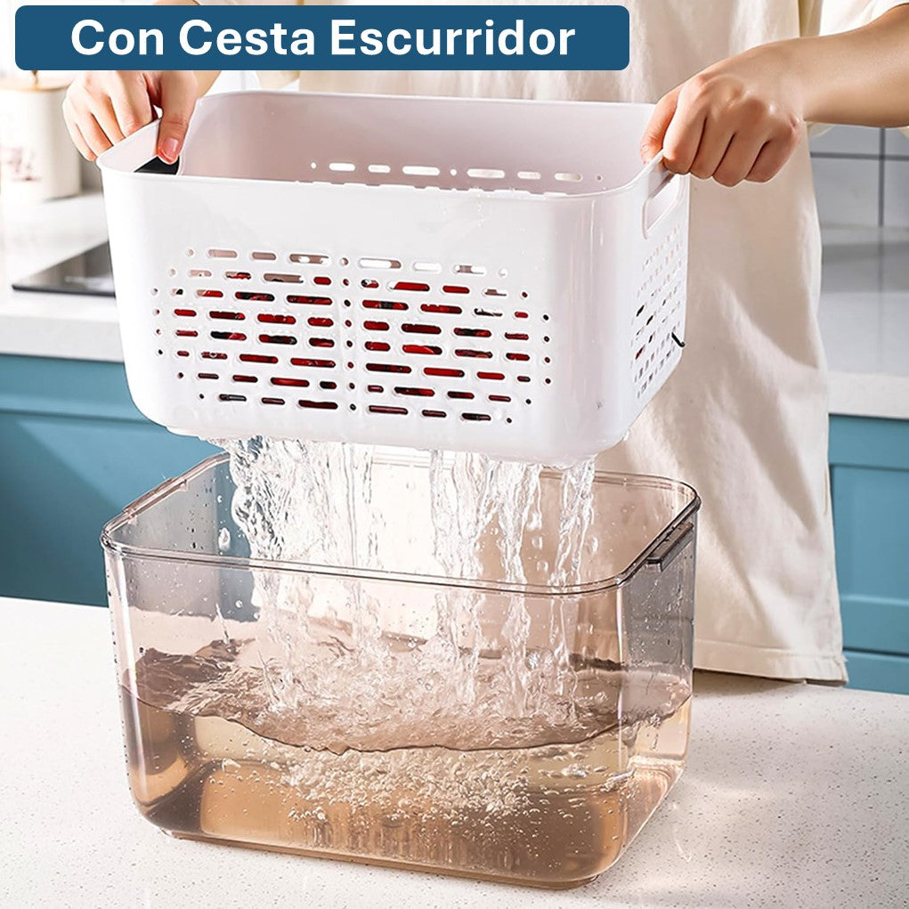 Katalia Organizador de Nevera con Escurridor y Tapa – BPA‑Free, Transparente, 28.5×18×15.5 cm