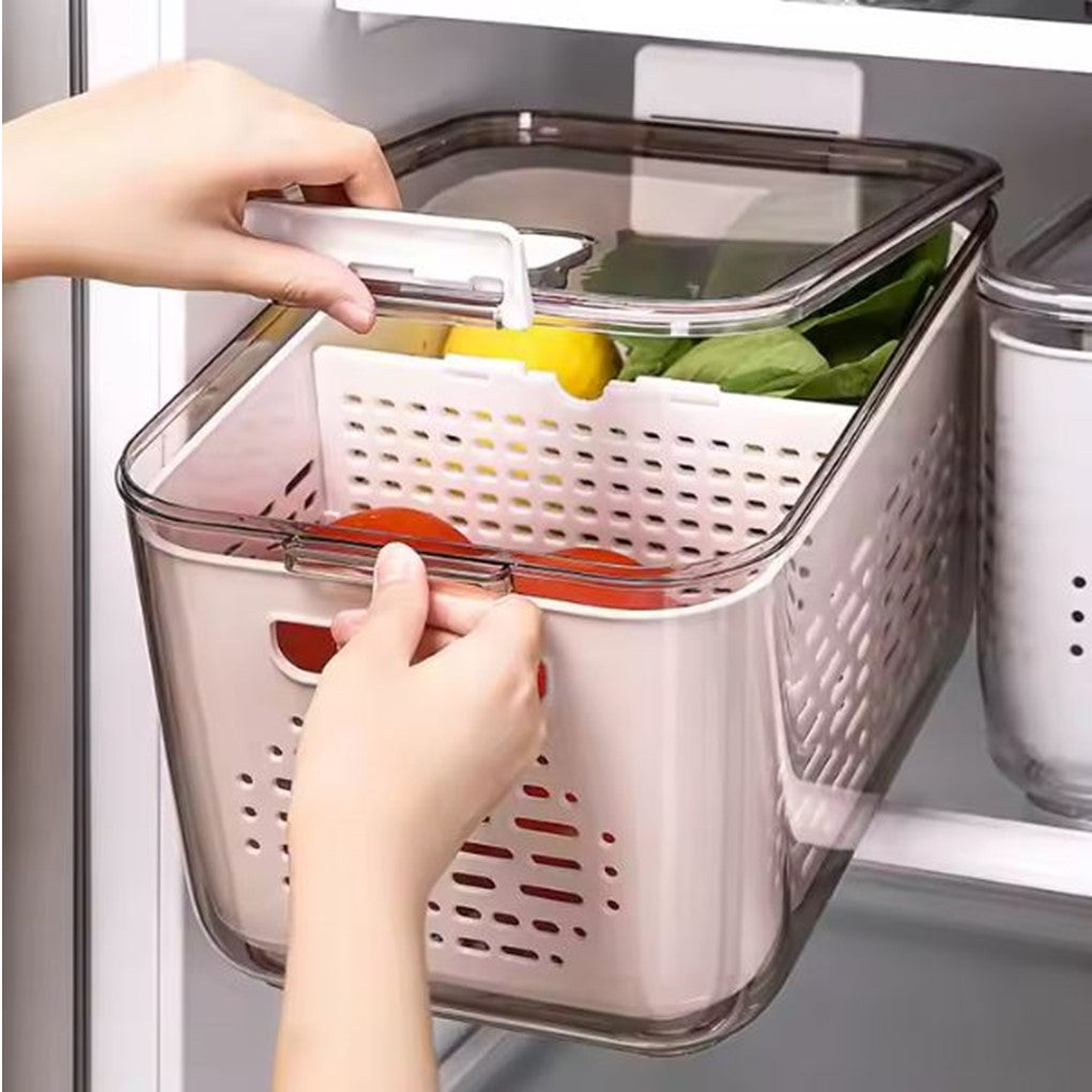 Katalia Organizador de Nevera con Escurridor y Tapa – BPA‑Free, Transparente, 28.5×18×15.5 cm