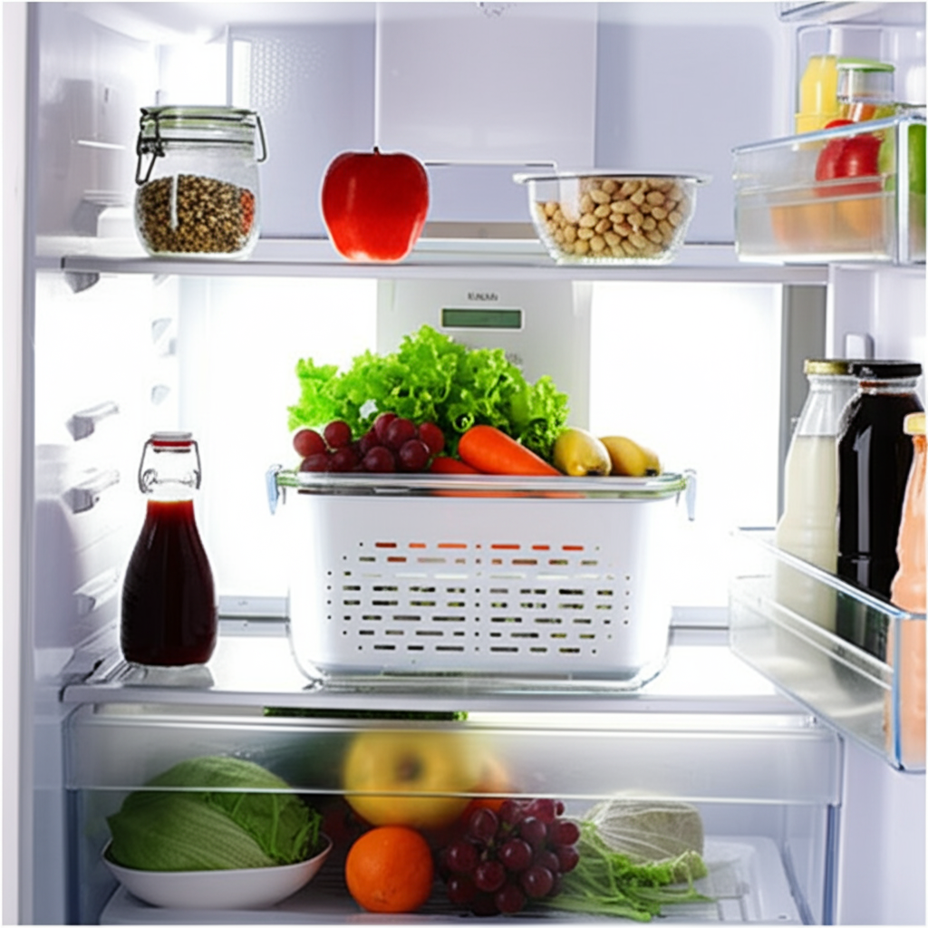Katalia Organizador de Nevera con Escurridor y Tapa – BPA‑Free, Transparente, 28.5×18×15.5 cm